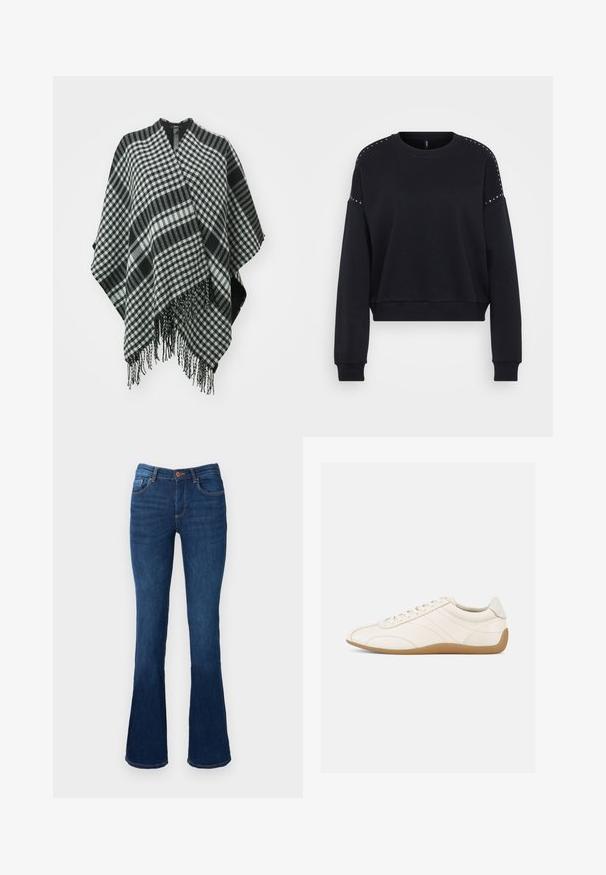 Zwart-witte geruite poncho met franjes, gemaakt van zachte stof, met een gedrapeerd ontwerp en een v-halsopening bovenaan.; Zwarte cropped sweatshirt van zachte stof, met lange mouwen, ronde halslijn en studdetails op de schouders.; Uitlopende blauwe denim jeans met een middelhoge taille, voorzien van voor- en achterzakken, oranje stiksels en een knoopsluiting.; Witte leren sneaker met een gladde textuur, ronde neus en tonale stiksels. Voorzien van een tankleurige rubberen zool en vetersluiting.