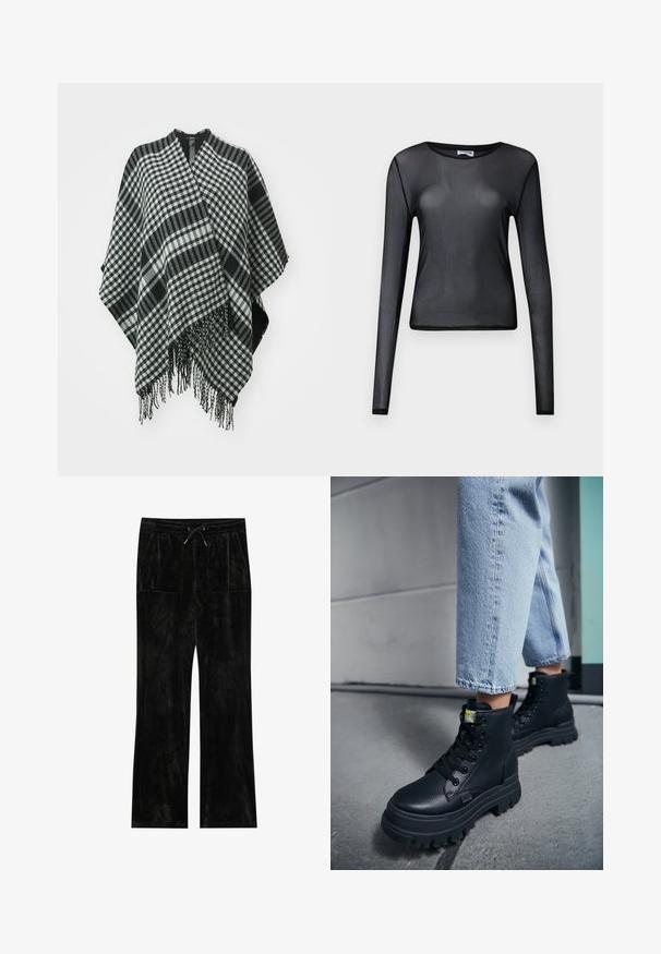 Schwarz-weiß kariertes Poncho mit fransigen Kanten, aus weichem Stoff gefertigt, mit einem drapierten Design und einem V-Ausschnitt oben.; Schwarzes, langärmliges, transparentes Mesh-Oberteil mit Rundhalsausschnitt und figurbetonter Silhouette, präsentiert vor schlichtem Hintergrund.; Schwarze Velourhosen mit samtiger Textur, weitem Bein-Design, elastischem Taillenbund, Kordelzugverschluss und zwei vorderen Taschen.; Person, die hellblaue Jeans und schwarze klobige Schnürstiefel trägt und auf einem Betonboden nahe einer Wand steht.