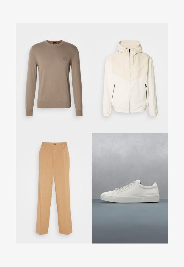 Mikina s kapucňou v off-white farbe s kontrastným svetlo béžovým panelom. Má zipsové zapínanie a bočné vrecká na zips. Hladká textúra.; Pánsky béžový sveter s okrúhlym výstrihom a dlhými rukávmi, s rebrovanými manžetami a spodným lemom, na hrudi s malou štvorcovou nášivkou.; Béžové nohavice s širokými nohavicami vyrobené z mäkkej látky, s dvomi prednými vreckami, zapínaním na gombík a záhybmi pozdĺž nohavíc.; Biele kožené tenisky s okrúhlou špičkou, minimalistickým dizajnom, šedými šnúrkami a štruktúrovanou šedou gumovou podrážkou. Viditeľné jemné švy.