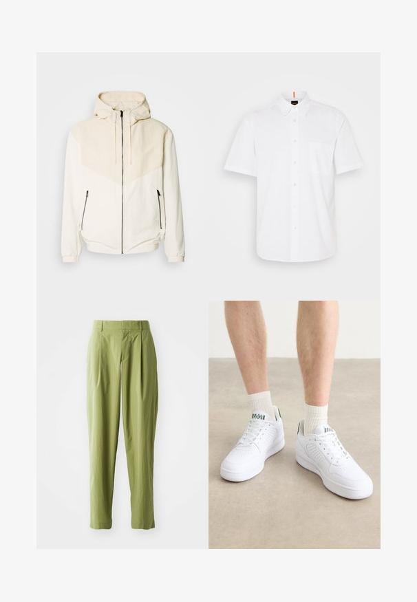 Hoodie-Jacke in Off-White mit kontrastierendem, hellbeigem Einsatz. Verfügt über einen Reißverschluss und seitliche Taschen mit Reißverschluss. Glatte Textur.; Weißes Kurzarm-Hemd mit Knöpfen aus Baumwolle, ausgestattet mit einer einzigen Brusttasche, einem klassischen Kragen und dezenten Nähdetails.; Hellgrüne Hose aus einem strukturierten Stoff, mit geradem Schnitt, Falten an der Vorderseite und einem normalen Bund.; Weiße Sportschuhe mit perforierten Akzenten, Schnürsenkeln und dicken Gummisohlen. Kombiniert mit hellen, cremefarbenen, gerippten Socken für einen Kontrast.