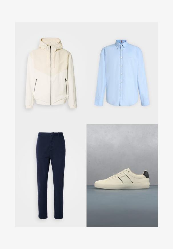 Mikina s kapucňou v off-white farbe s kontrastným svetlo béžovým panelom. Má zipsové zapínanie a bočné vrecká na zips. Hladká textúra.; Svetlomodrá košeľa s dlhým rukávom na gombíky, so zapnutým golierom a bielymi gombíkmi, zobrazená na jednoduchom svetlom pozadí.; Námornícke modré chinos nohavice vyrobené z ľahkej tkaniny, s rovnými nohami, zapínaním na gombík a bočnými vreckami. Hladká textúra bez vzorov.; Krémové tenisky s hladkou textúrou, s čiernymi akcentmi a brandingom. Klasický štýl so šnurovaním, guľatou špičkou a gumovou podrážkou.