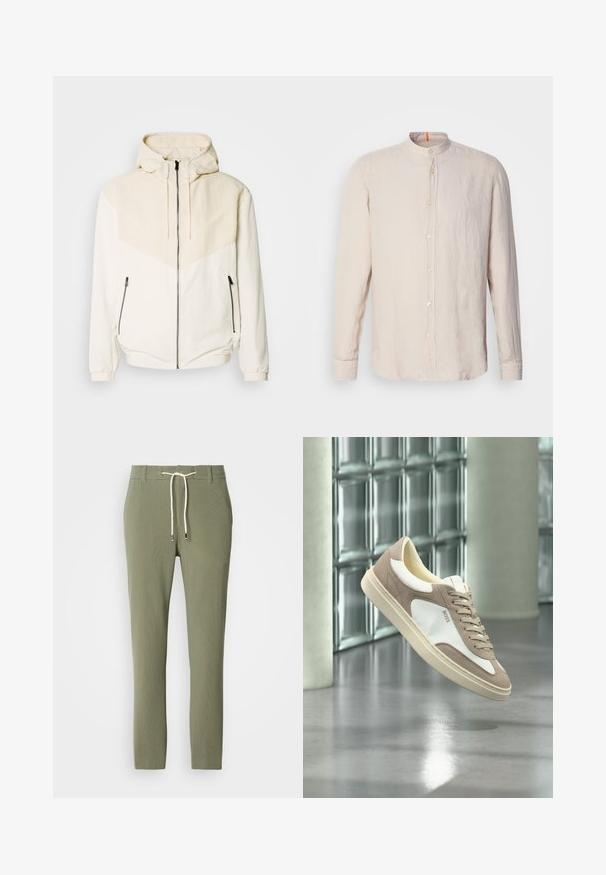 Hoodie-Jacke in Off-White mit kontrastierendem, hellbeigem Einsatz. Verfügt über einen Reißverschluss und seitliche Taschen mit Reißverschluss. Glatte Textur.; Hellbeige Leinenhemd mit langen Ärmeln und Stehkragen, vorderer Knopfverschluss und subtiler Textur. Mit orangefarbenem Akzent am Ausschnitt.; Grüne gerippte Hosen mit einem Kordelzugbund, die eine glatte Textur und schmal zulaufende Beine aufweisen. Dezente silberne Details an den Kordelzugspitzen.; Beige und weiße Wildleder-Sneaker mit Schnürsenkeln und „BOSS“-Logo, schwebend über einem polierten Betonboden mit Glasbausteinwänden im Hintergrund.