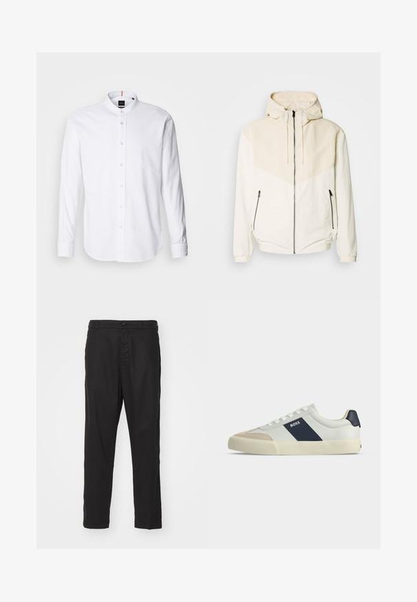 Hættetrøje i off-white med kontrasterende lyse beige panel. Har lynlås-lukning og sidelommer med lynlås. Glat tekstur.; Hvid langærmet skjorte med bandkrave, knaplukning fortil og rund kant. Lavet af bomuld, med en glat struktur og subtil glans.; Sorte bomuldschinos med lige ben-design, knaplukning og sidelommer. Glat tekstur og ingen synlige mønstre eller accenter.; Hvid lav sneakers med beige tå, navy blå sidestribe med mærket BOSS, hvide snørebånd og gummisål på neutral baggrund.