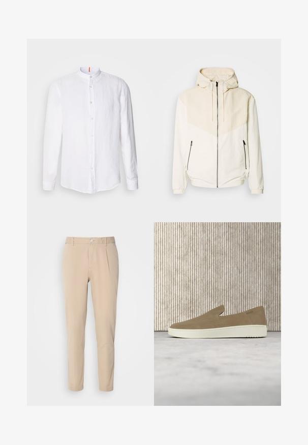 Μαύρο μπουφάν με κουκούλα σε off-white απόχρωση, με αντίθετο φωτεινό μπεζ πάνελ. Διαθέτει κλείσιμο με φερμουάρ και πλαϊνές τσέπες με φερμουάρ. Λείος υφή.; Λευκό λινό πουκάμισο με μανταρινό γιακά, κλείσιμο με κουμπιά μπροστά, μακριά μανίκια και διακριτή υφή. Σημαντική πορτοκαλί λεπτομέρεια στον γιακά.; Μπεζ παντελόνι με στενή γραμμή, κατασκευασμένο από υφαντό υλικό. Διαθέτει κλείσιμο με ένα κουμπί, πλισέ μπροστά και ίσια πόδια.; Μπεζ παπούτσι τύπου slip-on με λευκή σόλα, εμφανίζεται στον αέρα πάνω από ένα ανοιχτό χαλί με διαφανή έπιπλα χρώματος κεχριμπαριού στο παρασκήνιο.