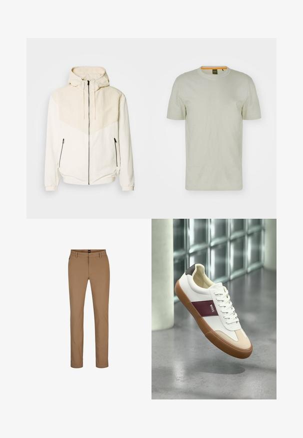 Veste à capuche en blanc cassé avec un pan beige clair contrastant. Équipée d'une fermeture éclair et de poches latérales avec fermetures éclair. Texture lisse.; T-shirt à manches courtes vert clair en tissu doux, avec un col rond et un logo discret à l'avant. Design simple avec des détails minimaux.; Pantalon marron clair en mélange de coton avec une coupe droite, poches avant et fermeture éclair. Matériaux minimaux et sans motifs visibles.; Baskets basses blanches avec semelle marron, bande bordeaux marquée "BOSS", accents beiges à l'avant et talon noir, flottant au-dessus d'un sol gris.