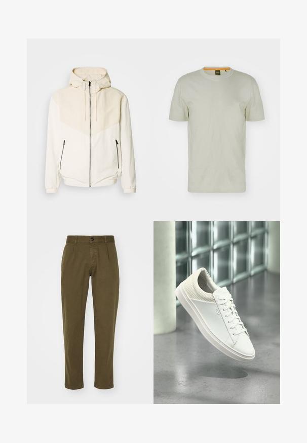 Veste à capuche en blanc cassé avec un pan beige clair contrastant. Équipée d'une fermeture éclair et de poches latérales avec fermetures éclair. Texture lisse.; T-shirt à manches courtes vert clair en tissu doux, avec un col rond et un logo discret à l'avant. Design simple avec des détails minimaux.; Pantalons en coton vert olive avec une coupe droite, dotés d'une fermeture à bouton à l'avant, de passants de ceinture et de poches latérales. Texture lisse.; Baskets basses blanches avec talon matelassé et logo latéral "BOSS" de marque, présentées en suspension à l'intérieur sur un sol gris poli.