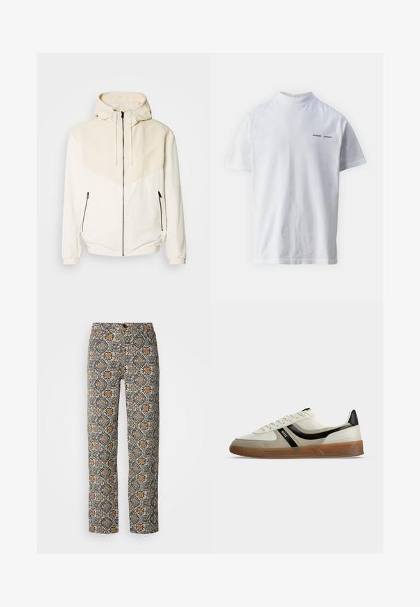 Mikina s kapucňou v off-white farbe s kontrastným svetlo béžovým panelom. Má zipsové zapínanie a bočné vrecká na zips. Hladká textúra.; Biely bavlnený tričko s vysokým výstrihom a krátkymi rukávmi. Na prednej strane sa nachádza logo "SAMSØE SAMSØE" v čiernej farbe. Hladká textúra.; Nohavice s kvetinovým vzorom v béžovej, čiernej a oranžovej farbe. Vyrobené z ľahkej tkaniny, s rovnými nohavicami a zapínaním na gombík.; Nízky profil bielej a béžovej tenisky s čiernym pruhovým detailom, hnedou gumovou podrážkou a logom BOSS na boku, fotografované na bielom pozadí.
