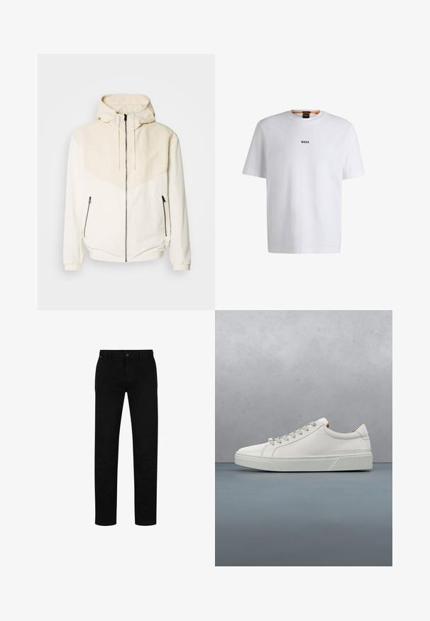 Mikina s kapucňou v off-white farbe s kontrastným svetlo béžovým panelom. Má zipsové zapínanie a bočné vrecká na zips. Hladká textúra.; Biela bavlnená tričko s krátkymi rukávmi, na prednej strane so stredne umiestneným čiernym logom "BOSS" a okrúhlym výstrihom.; Čierne bavlnené nohavice so strihom rovného strihu, s gombíkovým zapínaním, pútkami na opasok a minimalistickým dizajnom. Hladká textúra, bez vzorov.; Biele kožené tenisky s okrúhlou špičkou, minimalistickým dizajnom, šedými šnúrkami a štruktúrovanou šedou gumovou podrážkou. Viditeľné jemné švy.