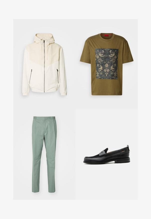Veste à capuche en blanc cassé avec un pan beige clair contrastant. Équipée d'une fermeture éclair et de poches latérales avec fermetures éclair. Texture lisse.; T-shirt en coton vert olive présentant un imprimé graphique rectangulaire avec des motifs floraux et d'oiseaux élaborés dans des tons de bleu foncé et d'or.; Pantalons vert clair à coupe droite, avec une taille plate, deux poches latérales et une texture de tissu lisse. Pas de motifs ni de matériel visible.; Mocassin en cuir noir avec détail de bride grise, talon bas et semelle texturée, marqué "HUGO" en or sur le côté.