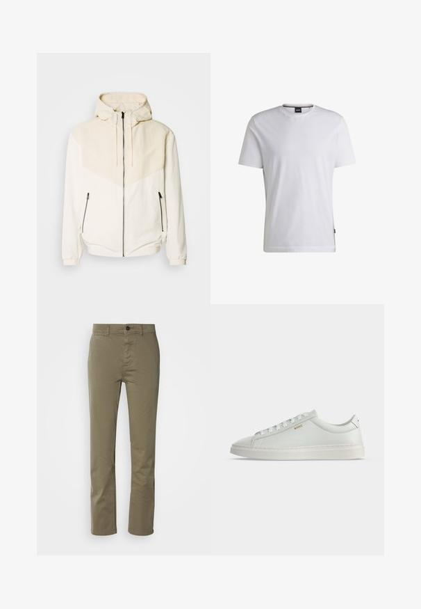 Veste à capuche en blanc cassé avec un pan beige clair contrastant. Équipée d'une fermeture éclair et de poches latérales avec fermetures éclair. Texture lisse.; T-shirt blanc à manches courtes en coton. Doté d'un col rond et d'une étiquette de marque subtile sur le côté. Texture lisse et design simple.; Pantalon en coton vert olive à coupe droite, doté d'une fermeture à bouton et de poches avant. Texture lisse sans motifs visibles.; Baskets basses blanches en cuir avec lacets, semelle plate et petit logo doré "BOSS" sur le côté, vues de l'extérieur.