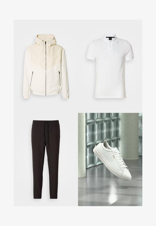 Hættetrøje i off-white med kontrasterende lyse beige panel. Har lynlås-lukning og sidelommer med lynlås. Glat tekstur.; Hvid polo i bomuld med krave, korte ærmer og lukning med to knapper. Diskret logo på brystet.; Sorte joggingbukser lavet af blødt stof, med en elastisk bæltelås og snor, tætsiddende ben og uden synlige mønstre eller udsmykninger.; Hvid læder lav-top sneaker med snørebånd, sort hælflig og "BOSS"-logo, svævende indendørs nær glasblok væg og poleret gulv.