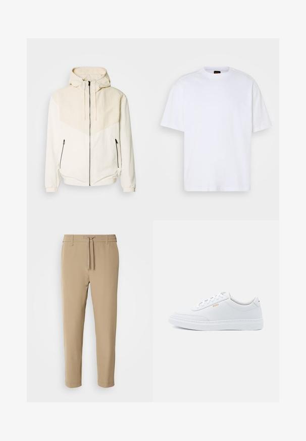 Hættetrøje i off-white med kontrasterende lyse beige panel. Har lynlås-lukning og sidelommer med lynlås. Glat tekstur.; Hvid bomulds T-shirt med rund hals, korte ærmer og en afslappet pasform. Har strukturerede skuldersømme for ekstra detaljer.; Beige, tapered bukser med elastisk talje og snor. Glat stof med et rent design uden synlige mønstre eller hardware.; Hvide lædersneakers med glat tekstur, rund tå og ton-i-ton syning. Har blå snørebånd og et gult logo på siden.