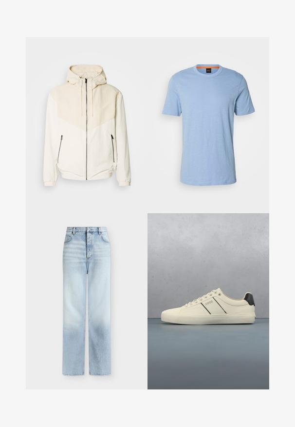 Mikina s kapucňou v off-white farbe s kontrastným svetlo béžovým panelom. Má zipsové zapínanie a bočné vrecká na zips. Hladká textúra.; Svetlomodré tričko s krátkym rukávom z mäkkej látky. Má okrúhly výstrih a jemné vyrazené logo na hrudi.; Svetlomodré rifle s vysokým pásom a rovnými nohavicami, s prednými vreckami, pútkami na opasok a zapínaním na gombík.; Krémové tenisky s hladkou textúrou, s čiernymi akcentmi a brandingom. Klasický štýl so šnurovaním, guľatou špičkou a gumovou podrážkou.