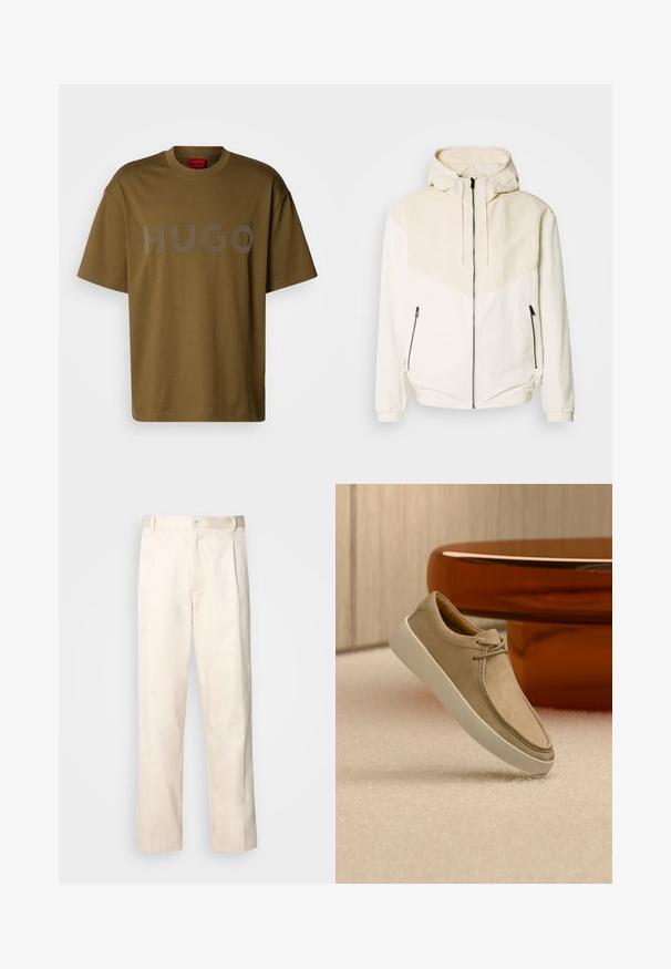 Hoodie-Jacke in Off-White mit kontrastierendem, hellbeigem Einsatz. Verfügt über einen Reißverschluss und seitliche Taschen mit Reißverschluss. Glatte Textur.; Olivgrünes Baumwoll-T-Shirt mit Rundhalsausschnitt und kurzen Ärmeln, das auf der Vorderseite mit einem großen grauen "HUGO"-Logo bedruckt ist.; Beige Baumwollhose mit geradem Bein, ausgestattet mit einem Knopfverschluss und Falten an der Vorderseite für zusätzliche Details.; Beiger Wildleder-Sneaker mit weißer dicker Sohle und Schnürsenkeln, positioniert auf strukturiertem beigen Teppich mit rundem glänzendem braunem Tisch im Hintergrund.