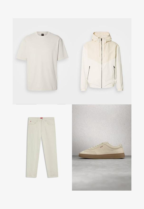 Hættetrøje i off-white med kontrasterende lyse beige panel. Har lynlås-lukning og sidelommer med lynlås. Glat tekstur.; Kortærmet, crew-neck t-shirt i off-white bomuld med lige snit og minimal branding på kraven. Blød tekstur, uden mønstre.; Beige jeans med lige ben, foran med knap og lynlås, bæltestropper og fem-lommer design, inklusive små røde mærkatag.; Lyse beige ruskindssneaker med gummisål i farven gum, tydelige snørebånd og fine syningsdetaljer. Ren design med et minimalistisk æstetisk udtryk.