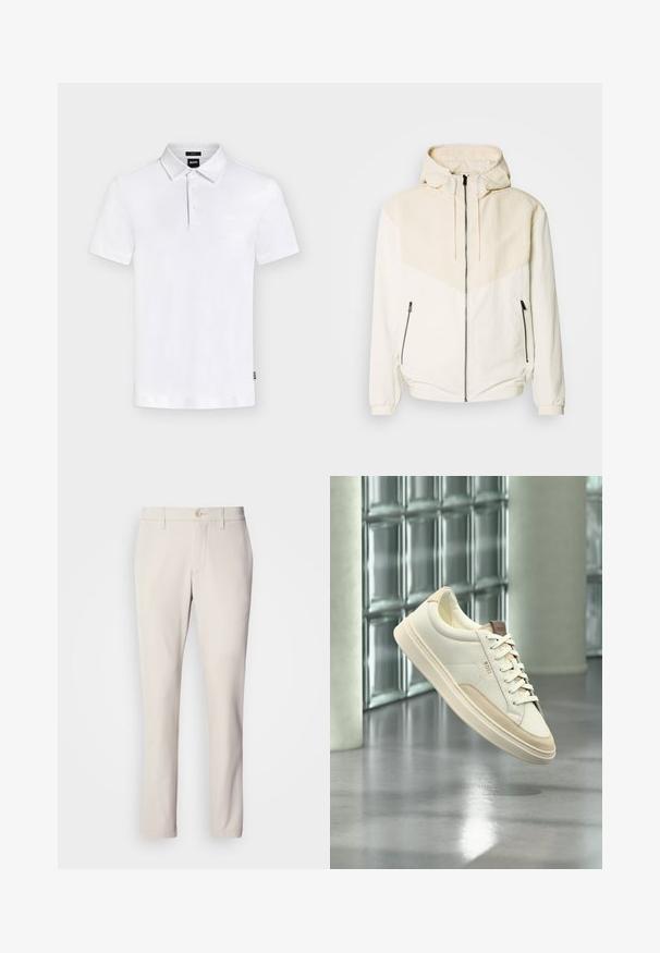 Mikina s kapucňou v off-white farbe s kontrastným svetlo béžovým panelom. Má zipsové zapínanie a bočné vrecká na zips. Hladká textúra.; Biele polo tričko s krátkym rukávom, golierom a tromi gombíkmi, so subtílnym logom "BOSS" na hrudi a malou štítkou na boku.; Beige nohavice s úzkym strihom, s predným zapínaním na gombík, plochým predným dizajnom a rovný strih nohavíc, vyrobené z hladkej zmesi bavlny.; Biele nízke tenisky s béžovými detailmi a šnúrkami, s označením "BOSS", ktoré vznášajú nad leštenou podlahou s pozadím zo sklenených blokov.
