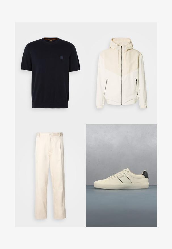 Veste à capuche en blanc cassé avec un pan beige clair contrastant. Équipée d'une fermeture éclair et de poches latérales avec fermetures éclair. Texture lisse.; Pull en maille bleu marine à manches courtes avec un col rond, des poignets et un ourlet côtelés. Comprend un petit patch logo en relief sur la poitrine.; Pantalon en coton beige avec une coupe droite, présentant une fermeture à bouton et des plis sur le devant pour plus de détails.; Baskets de couleur crème avec une texture lisse, dotées d'accents et de marquage noirs. Design classique à lacets avec un bout rond et une semelle en caoutchouc.
