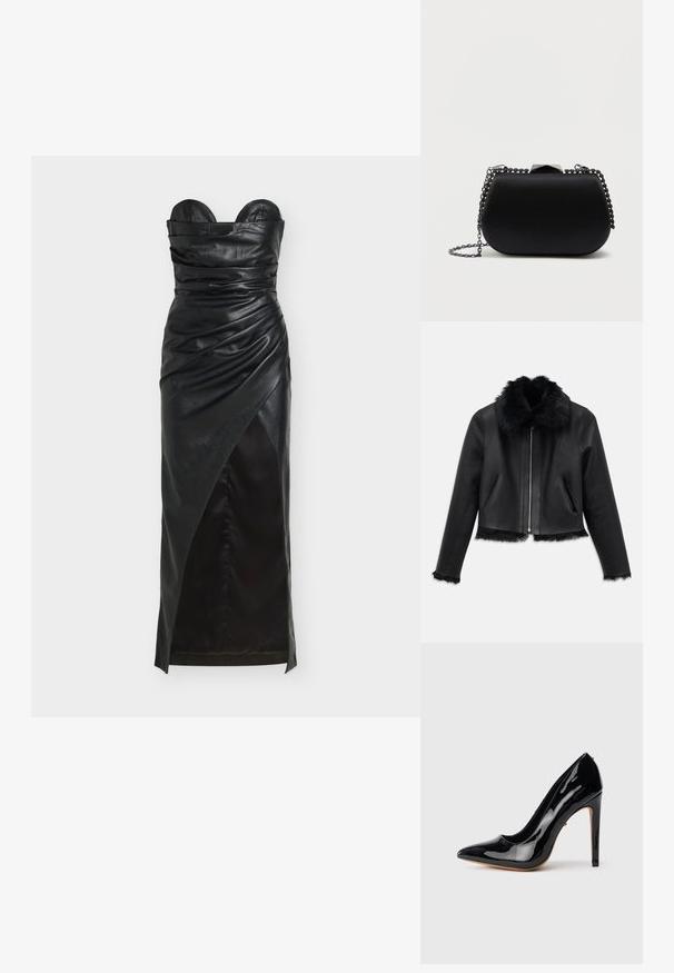 Veste en cuir noir avec un doux col, des poignets et un ourlet en fourrure noire, fermeture éclair à l'avant et deux poches latérales, posée à plat sur fond blanc.; Robe noire en cuir sans bretelles avec des détails froncés, un ourlet asymétrique et une texture lisse. Comprend un corsage structuré et une silhouette élégante.; Escarpin à talon haut en cuir verni noir, avec une pointe effilée, une silhouette élancée et un talon aigu de 10 cm. Texture lisse et brillante.; Pochette noire avec une finition lisse et mate, forme arrondie et une chaîne en métal argenté. Comprend un détail de fermoir géométrique sur le dessus.