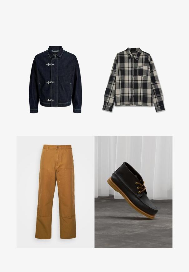 Dunkelblaue Denimjacke mit Kragen, drei Metall-Knebelverschlüssen, Fronttaschen und sichtbaren gelben Nähten.; Schwarz- und cremefarbener kariierter Flanellhemd mit langen Ärmeln, Knopfleiste, einer einzelnen Brusttasche und dezentem Logo-Stickerei auf der Tasche.; Braune Baumwoll-Arbeitshosen mit geradem Bein, die über Vordertaschen und Metallakzente für zusätzliche Strapazierfähigkeit verfügen.; Schwarze Lederschuhe mit glatter Oberfläche, runder Zehenform, braunen Schnürsenkeln und hellbraunen Gummisohlen. Logo an der Seite geprägt.