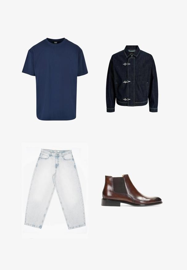 Mørkeblå denimjakke med krave, tre metal toggle-lukninger, frontlommer og synlige gule syninger.; Marineblå bomulds T-shirt med rund halsudskæring og korte ærmer. Glat tekstur og afslappet pasform, velegnet til hverdagstøj.; Lyseblå denimjeans med høj talje, lige brede ben, knap- og lynlåslukning samt lommer foran og bagpå.; Brun læder ankelstøvle med elastiske sidepaneler, en glat overflade, stikninger og en lav rektangulær hæl.
