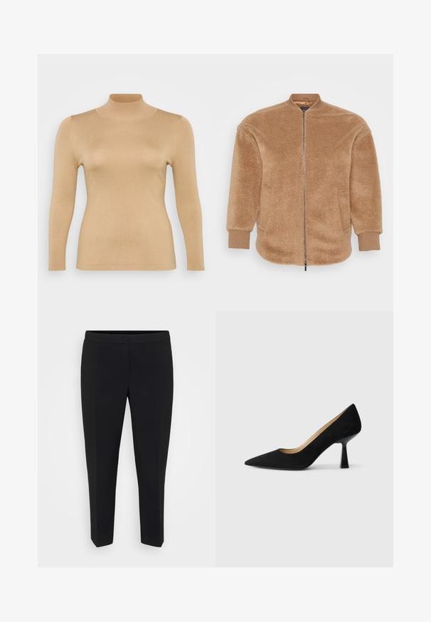 Veste en fausse fourrure couleur beige avec fermeture éclair sur le devant, poignets côtelés et col montant. Elle dispose de deux poches latérales et d'une texture douce.; Haut en beige à col roulé, à manches longues, avec une texture côtelée, une coupe ajustée et un col haut. Matériau lisse sans embellissements visibles.; Pantalons noirs ajustés avec une coupe slim, dotés d'une fermeture par bouton, d'une texture lisse et d'un pli sur le devant pour une apparence raffinée.; Pompe à talons hauts en suède noir avec un bout pointu, dotée d'un talon bloc noir brillant et d'une doublure intérieure lisse.