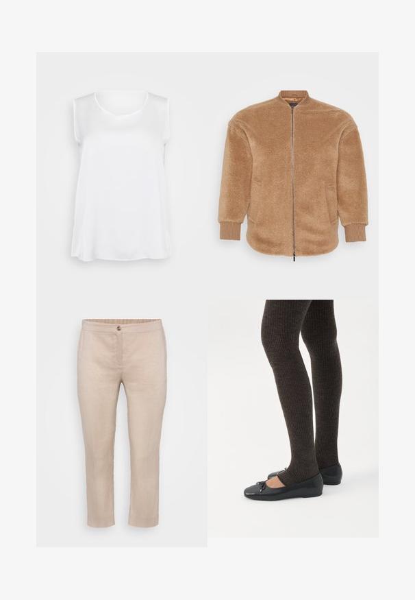 Faux shearling jakke i tan med lynlås foran, ribbede manchetter og opretstående krave. Har to sidelommer og en blød tekstur.; Hvid ærmeløs top med en glat tekstur, v-hals og afslappet pasform. Lidt buet kant og sideslids for forbedret bevægelse.; Beige linned cropped bukser med flad front, knaplukning og elastisk talje. Glat tekstur med minimale sømme og ingen lommer.; Ben iført mørke ribbede leggings kombineret med sorte balletsko med små sløjfedetaljer på hvid baggrund.