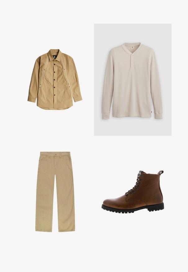 Chemise beige à manches longues avec col, boutons noirs et couture verticale décorative avec petites pressions noires à l'avant.; T-shirt henley à manches longues en tissu côtelé beige clair, avec un col en V, une patte de boutonnage à trois boutons et des manches à poignets. Étiquette logo rouge à l'ourlet.; Pantalons en twill de coton beige avec une coupe droite, cinq poches, fermeture éclair à l'avant et rivets couleur cuivre pour une durabilité accrue.; Bottines en cuir marron avec une finition texturée, œillets en métal et semelle en caoutchouc noir à crampons. Comprend une languette à l'arrière pour un enfilage facile.