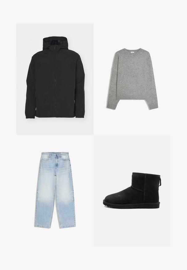 Zwarte zip-up jack met een capuchon. Heeft elastische manchetten, een gestructureerd oppervlak en een subtiele logo op de borst. Lichtgewicht ontwerp.; Effen lichtgrijze gebreide trui met lange mouwen, geribde manchetten, zoom en ronde hals, plat gelegd op een witte achtergrond.; Lichtblauwe jeans met hoge taille en rechte pijpen, voorzien van voorzakken, knoopsluiting en vervaagde details op de dijen en knieën.; Zwarte suède enkellaarsjes met ronde neus, minimale stikdetails, een lusje om aan te trekken en een gestructureerde rubberen zool. Ontworpen voor warmte en comfort.