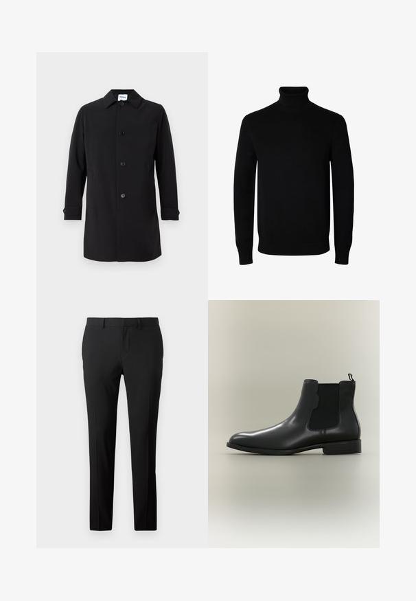 Sort frakke lavet af glat stof med krave, fem forknapper, to sidelommer og knapmanchetter. Klassisk pasform.; Sort langærmet rullekrave sweater med rib manchetter og kant, vist på en ensartet hvid baggrund.; Skræddersyede sorte bukser i et glat stof. Har et lige ben-design, frontfald og bæltestropper til justerbar størrelse.; Sort læder Chelsea-støvle med elastiske sidepaneler, lav hæl og trækflap bagpå mod en ensartet baggrund.