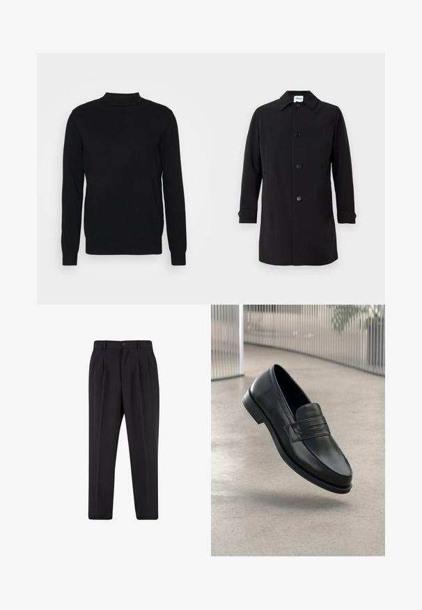 Sort frakke lavet af glat stof med krave, fem forknapper, to sidelommer og knapmanchetter. Klassisk pasform.; Sort pullovertrøje i blødt stof med høj hals og lange ærmer. Simpelt design, uden mønstre eller udsmykninger.; Sorte skræddersyede bukser med forreste læg, bæltestropper og knaplukning i taljen.; Sort lædersko med glat tekstur, spids tå og en dekorativ rem over vristen. Letvægts sål, minimalistisk design.