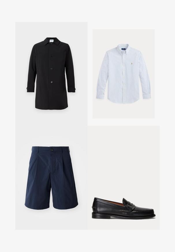 Manteau noir en tissu lisse, avec un col, cinq boutons à l'avant, deux poches latérales et des poignets boutonnés. Coupe classique.; Chemise blanche à manches longues avec des rayures verticales bleues, boutonnée au devant, col boutonné et petit logo brodé sur la poitrine.; Shorts bleu marine en tissu léger, avec une fermeture à bouton, des poches sur les côtés et un design simple avec des plis à l'avant.; Mocassin en cuir noir avec un petit talon et une bride penny, vu de côté sur un fond gris clair.