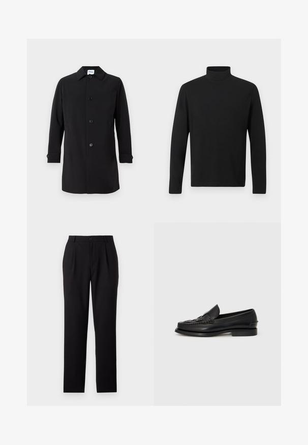 Abrigo negro de tejido suave, con cuello tipo solapa, cinco botones frontales, dos bolsillos laterales y puños abotonados. Corte clásico.; Camisa de cuello alto negra hecha de una tela suave. Cuenta con mangas largas y un collar alto. Diseño sencillo sin patrones ni acentos adicionales.; Pantalones de vestir negros con un diseño de pierna recta, fabricados en un tejido suave. Presentan pliegues frontales y un cierre de botón en la cintura.; Mocasín de cuero negro con un detalle trenzado en la parte frontal, punta redondeada y tacón bajo. Textura suave y diseño minimalista.