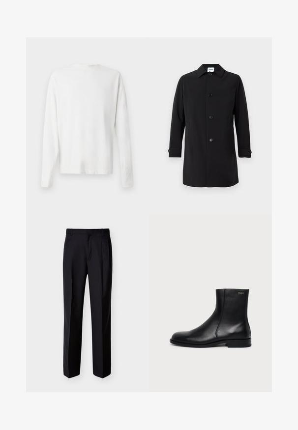 Abrigo negro de tejido suave, con cuello tipo solapa, cinco botones frontales, dos bolsillos laterales y puños abotonados. Corte clásico.; Camisa de algodón blanca de manga larga con cuello redondo, aberturas laterales en la parte inferior y una textura suave, exhibida desde la parte de atrás.; Pantalones negros hechos a medida con corte recto, pinzas delanteras y bolsillos laterales. Elaborados con una tela suave y ligera con un patrón sólido.; Botín negro de cuero con tacón bajo, costura lateral y pequeño logo "HUGO" en el puño superior sobre un fondo liso.