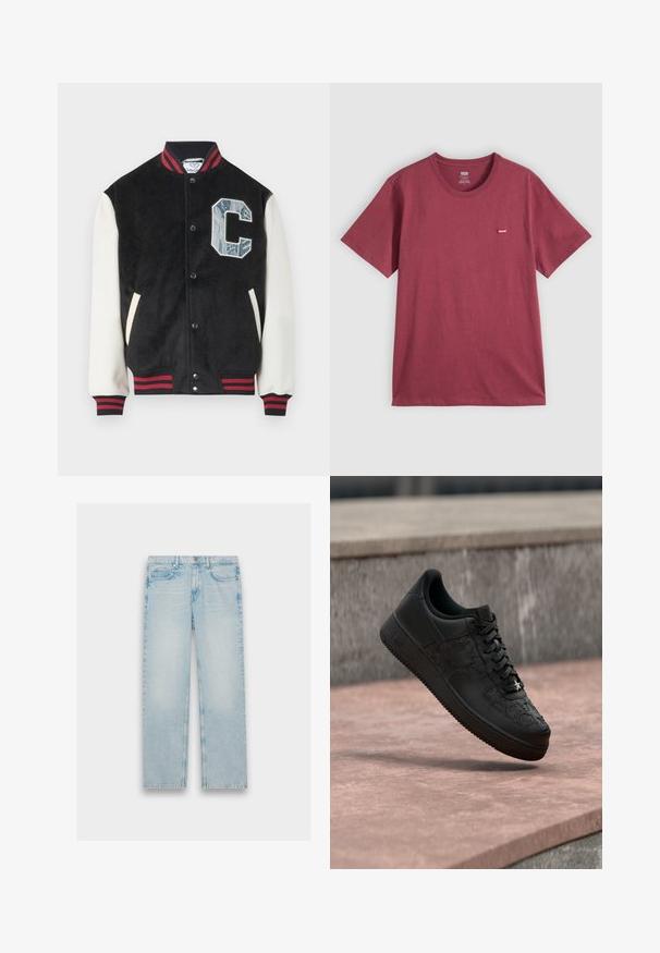 Zwarte varsityjas met witte mouwen, kraag en manchetten met rood-zwarte strepen, drukknopen en een grote blauwe "C" met textuur op de borst.; Effen bordeauxkleurig T-shirt met korte mouwen en ronde hals, met een klein rood Levi's-logo op het linkerbovenstuk.; Lichtblauwe denim jeans met een recht model, vijf zakken en een vervaagde afwerking. Metaalbeslag en gestikte details zijn zichtbaar.; Zwarte lage sneaker met sterpatronen in het leer geperst, zwarte veters en een kleine zilveren sterhanger aan de voorste veter.