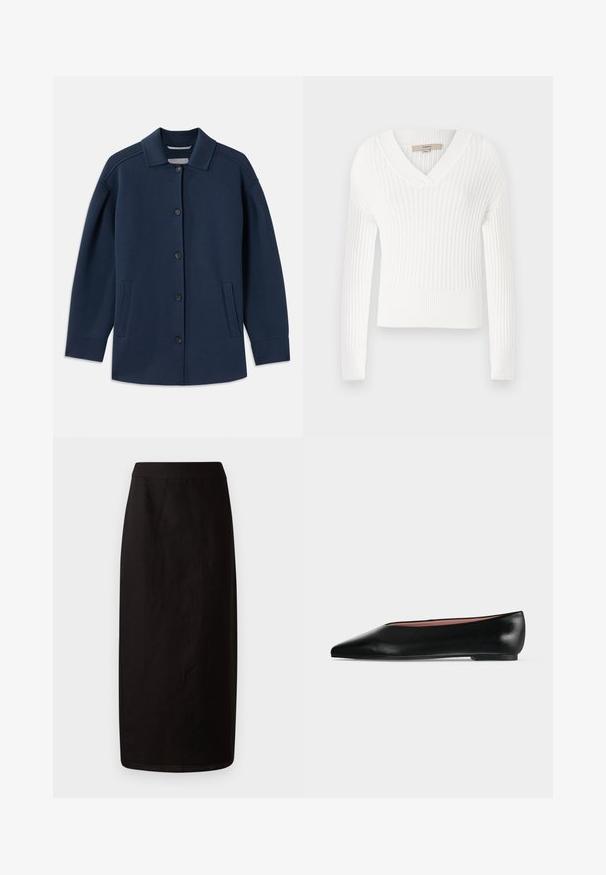 Veste bleu marine avec un col, des boutons sur le devant, des poches latérales et une coupe décontractée avec des manches larges. Fabriquée en tissu doux.; Pull en tricot côtelé blanc avec un col en V, des manches longues et une coupe courte ; présente une finition texturée et des poignets ajustés.; Jupe midi noire en tissu léger. Elle présente une silhouette droite, une texture lisse et une taille simple sans embellissements.; Chaussure plate en cuir noir pour femme, avec bout pointu et petit talon, vue de côté sur un fond gris clair uni.
