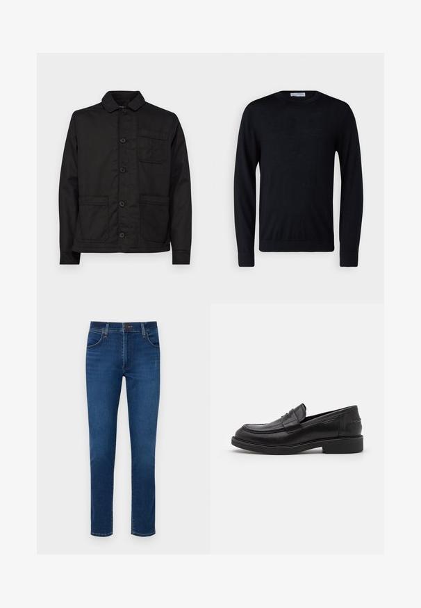 Schwarze Baumwolljacke mit einem Kragen, Knopfleiste und einer einzelnen Brusttasche. Verfügt über zwei aufgesetzte Taschen vorne und einen flachen Saum.; Schwarzer Pullover mit langen Ärmeln und Rundhalsausschnitt, mit gerippten Bündchen und Saum, vor weißem Hintergrund präsentiert.; Dunkelblaue Jeans aus Denim mit geradem Bein, vorderen Taschen und einem Knopfverschluss am Bund. Glatte Textur, minimale Details.; Schwarze Lederloafer mit abgerundetem Zeh, farblich abgestimmtem Nähen und einem Riemendetail an der Vorderseite. Gummi-Sohle mit niedrigem Absatz.
