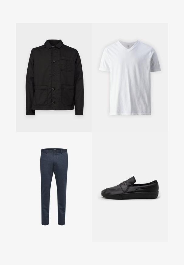 Must mustam cotton jakk, millel on krae, nööpidega ees ja üks rinnatasku. Tootel on kaks eesolevat klapiga taskut ja lame äär.; Lühikeste varrukatega, V-kaelusega valge T-särk, mis on valmistatud puuvillast. Omab lihtsat disaini, sujuvat tekstuuri ja mugavat lõiget.; Tumed sinised püksid, mis on valmistatud tekstureeritud kangast ja millel on slim fit stiil, varustatud nööbikinnituse ja vöörihmadega, sobivad nii igapäevaseks kui ka ametlikuks kandmiseks.; Mustad mustad kingad, mis on valmistatud siledast nahast, esitades esiosas õmblustekoha ning tekstuurse kummist tallaga, mis tagab haardumise.