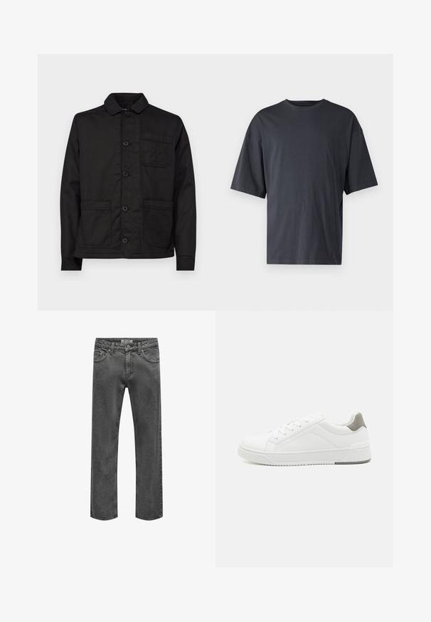 Veste en coton noir avec un col, à fermeture par boutons à l'avant et une poche poitrine unique. Dotée de deux poches plaquées à l'avant et d'un ourlet plat.; T-shirt à manches courtes gris foncé en coton léger, avec une coupe ample et un col rond classique, présentant une texture unie et sans motifs.; Jean droit pour homme en denim gris foncé avec fermeture avant à bouton et zip, passants de ceinture et design classique à cinq poches.; Basket blanche en cuir lisse, à bout arrondi, design minimaliste, accent de talon gris et semelle en caoutchouc texturé.