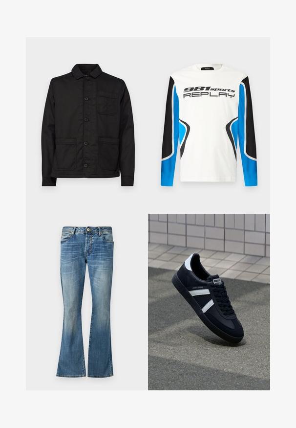 Zwarte katoenen jack met een kraag, knopen aan de voorkant en een enkele borstzak. Beschikt over twee voorzakken en een rechte zoom.; Langermige sportshirt met een witte voorkant, zwart en blauwe mouwen en het logo "981 sports REPLAY" gedrukt op de borst.; Blauwe flared jeans van denim met een vervaagde was. Beschikken over vijf riemlussen, een knoopsluiting en klassieke stiksels.; Zwarte leren sneaker met witte strepen, een gestructureerde rubberen zool en vetersluiting aan de voorkant. Voorzien van een merklabel op de tong.