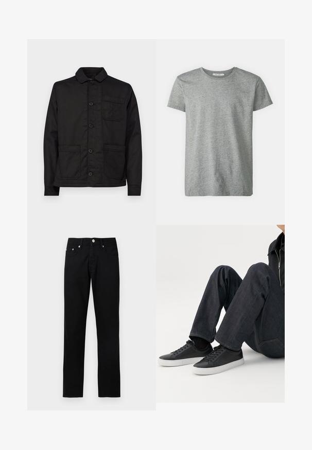 Schwarze Baumwolljacke mit einem Kragen, Knopfleiste und einer einzelnen Brusttasche. Verfügt über zwei aufgesetzte Taschen vorne und einen flachen Saum.; Graues Kurzarm-T-Shirt aus weichem Baumwollmix. Hat einen Rundhalsausschnitt und eine einfache, glatte Textur ohne Muster oder Akzente.; Schwarze Jeans mit geradem Bein, vorderer Knopfleiste, Reißverschluss, Gürtelschlaufen und fünf Taschen auf hellgrauem Hintergrund.; Person sitzt mit angewinkelten Beinen, trägt dunkelblaue Jeans und schwarze Low-Top-Sneaker mit weißen Sohlen auf weißem Hintergrund.