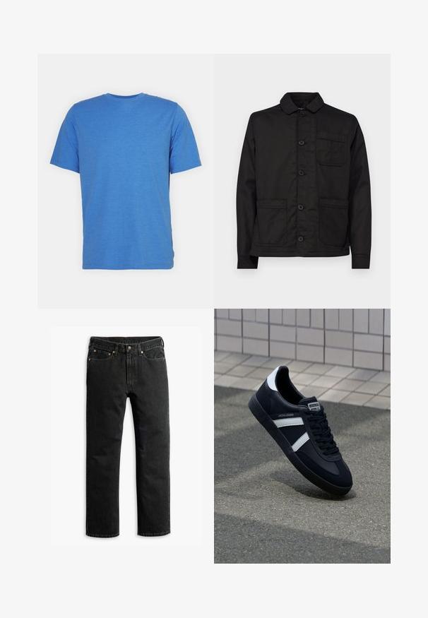 Musta puuvillakangasta takki, jossa on kaulus, nappi edessä ja yksi rintatasku. Sisältää kaksi etutaskua ja suoran helman.; T-paita lyhythihaisella crew-neck kauluksella, joka on yksivärinen sininen. Valmistettu pehmeästä, hengittävästä kankaasta, jossa on sileä pinta eikä kuvioita tai koristeita.; Mustat suorat farkut viidellä taskulla, vyölenkeillä ja napitusvyöllä, asetettuina tasaisesti valkoista taustaa vasten.; Mustat nahkakengät valkoisilla raidoilla, teksturoitu kumipohja ja nauha edessä. Varustettu merkkitarralla kielen päällä.