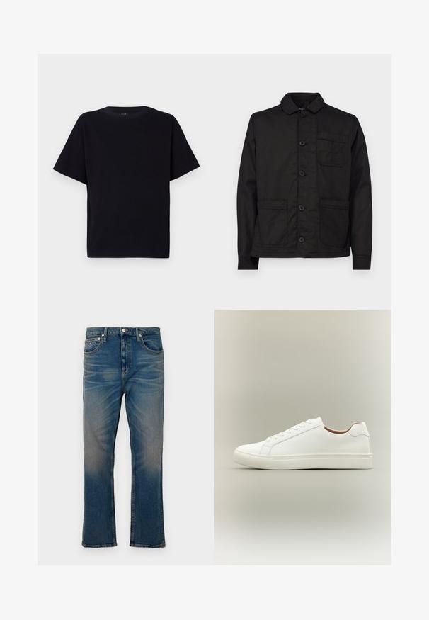Sort bomuldsjakke med krave, knappelukning foran og en enkelt brystlomme. Har to forreste påsyede lommer og en lige kant.; Sort kortærmet t-shirt med rund halsudskæring. Fremstillet af blødt stof, med en afslappet pasform og uden synlige mønstre eller detaljer.; Blå denimjeans med lige ben, der har fem lommer, en knaplukning og en falmet finish. Overfladen er glat med synlige sømme.; Hvid lavt snøresko med snørelukning og flad sål, vist fra siden på en neutral baggrund.