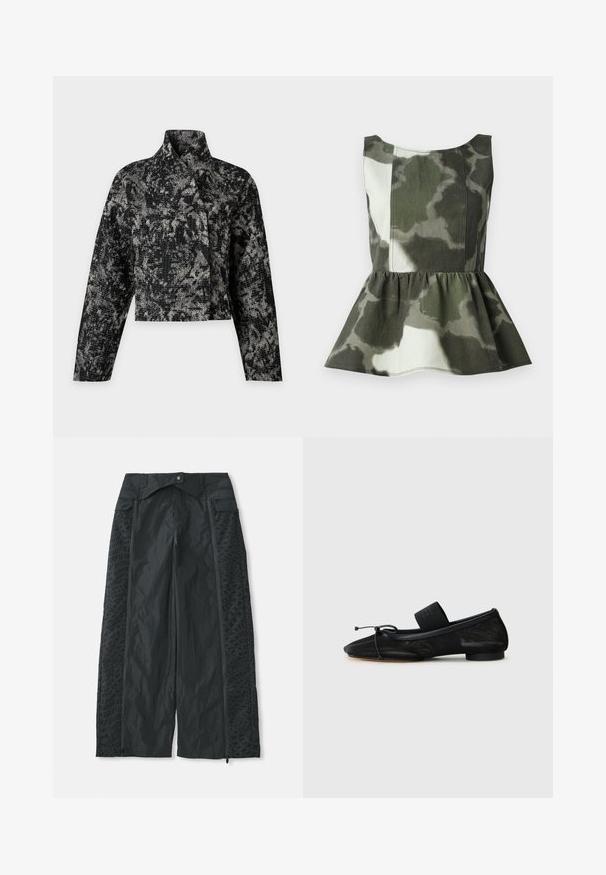 Sort og grå tekstureret cropped jakke med lange ærmer, høj krave og abstrakt mønster, vist på en ensfarvet grå baggrund.; Peplum-top lavet af camouflagemønstret stof i grønne og beige nuancer, med en tætsiddende overdel og en fladret, rynket kant.; Sort brede bukser lavet af letvægtsmateriale, der har teksturerede mønstre på siderne og lynlåsåbninger ved kanten.; Sort flad sko med spids tå, lavet af tekstureret stof, med en sløjfeaccent og en lille, rund hæl. Elastisk rem ved anklen.