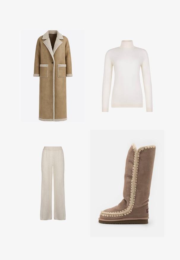 Lang brun frakke med en tekstureret beige krave og kant, med to forlommer og lukning med en enkelt knap. Blødt stoffinish.; Langærmet crèmefarvet rullekravesweater med ribstrikkede manchetter og kant, vist på en ensfarvet hvid baggrund.; Bredde bukser i blød, lys beige stof. Har en glat tekstur med en elastisk talje og et enkelt, udekoreret design.; Høj brun ruskindsstøvle med intrikate beige syninger langs kanten, rund tå og flad sål. Enkel, strømlinet design.