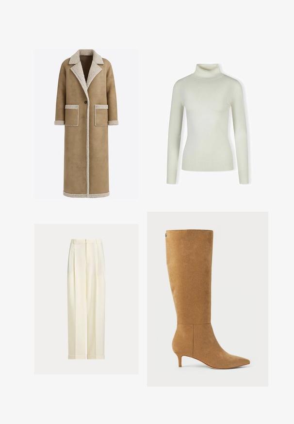 Lang brun frakke med en tekstureret beige krave og kant, med to forlommer og lukning med en enkelt knap. Blødt stoffinish.; Lys cremefarvet sweater med rullekrave lavet af blødt, ribbet materiale; tætsiddende design med lange ærmer og tekstureret kant. Ingen mønstre eller detaljer.; Skræddersyede bukser i cremefarve med forreste læg, bæltestropper og opsmøgede kanter, vist på en ensfarvet baggrund.; Lauren Ralph Lauren MCKAY SUEDE TALL BOOT HEEL - Høje støvler/ Støvler - camel