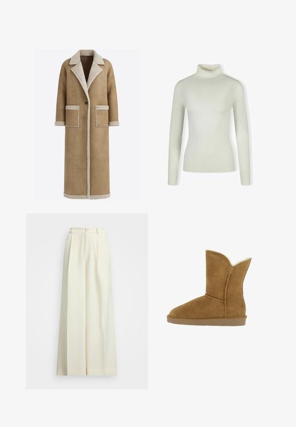 Lang brun frakke med en tekstureret beige krave og kant, med to forlommer og lukning med en enkelt knap. Blødt stoffinish.; Lys cremefarvet sweater med rullekrave lavet af blødt, ribbet materiale; tætsiddende design med lange ærmer og tekstureret kant. Ingen mønstre eller detaljer.; Bredde benbukser i off-white stof, med høj talje, dobbelte plisseringer og knaplukning. Glat tekstur og skræddersyet design.; Brune ruskind ankelstøvle med blød, hvid kunstpelsfor, rund tå og flad gummisål. Har en side sømcursive som pynt.