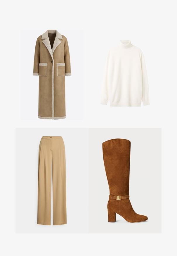 Lang brun frakke med en tekstureret beige krave og kant, med to forlommer og lukning med en enkelt knap. Blødt stoffinish.; Turtleneck sweater i blødt hvidt stof, med ribbet krave og manchetter, afslappet pasform, lange ærmer og lige kant.; Beige bukser med vide ben lavet af glat stof. Har knaplukning, plisseringer foran og en afslappet pasform med en lige silhuet.; Brune ruskind knæhøje støvler med firkantet tå, kraftig hæl og en guldfarvet spænde detalje på en matchende ruskind rem omkring anklen.
