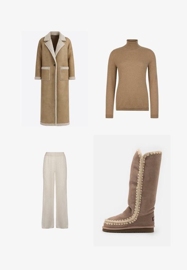 Lange bruine jas met een getextureerde beige kraag en biezen, voorzien van twee voorzakken en een enkele knoopsluiting. Zachte stofafwerking.; Bruine coltrui in kameelkleur met lange mouwen, geribbelde manchetten en zoom, afgebeeld op een effen witte achtergrond.; Brede broekspijpen in zacht, lichtbeige stof. Kenmerkt een gladde textuur met een elastische tailleband en een eenvoudig, onversierd ontwerp.; Hoge bruine suède laars met complexe beige stiksels langs de rand, ronde neus en een vlakke zool. Eenvoudig, gestroomlijnd ontwerp.