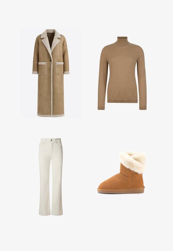 Lang brun frakke med en tekstureret beige krave og kant, med to forlommer og lukning med en enkelt knap. Blødt stoffinish.; Langærmet kamelbrun rullekravesweater med ribstrikkede manchetter og kant, vist på en ensfarvet hvid baggrund.; Hvide flagrende jeans lavet af denim. Har en høj talje, fem lommer og metallisk knaplukning. Glat tekstur uden synlige mønstre.; Tan ruskind boots med en foldbar hvid faux fur manchet. Har en rund tå, flad gummisål og syninger som detaljer.