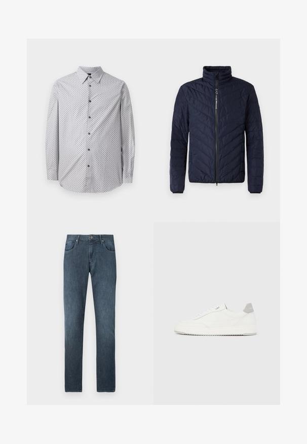 Chaqueta aislante de color azul marino con un alto cuello, patrón de costura en chevrón, cierre frontal de cremallera y puños elásticos. Material sintético ligero y elegante.; Camisa de manga larga con botones, en gris claro con pequeño patrón geométrico negro, cuello estándar y botones negros en la parte delantera.; Vaqueros de mezclilla azul oscuro con diseño de pierna recta, cinco bolsillos, cierre frontal con botón y detalles de costura sutiles.; Zapatilla blanca de corte bajo con pestaña en el talón gris, cordones blancos y suela texturizada, presentada sobre un fondo claro y liso.